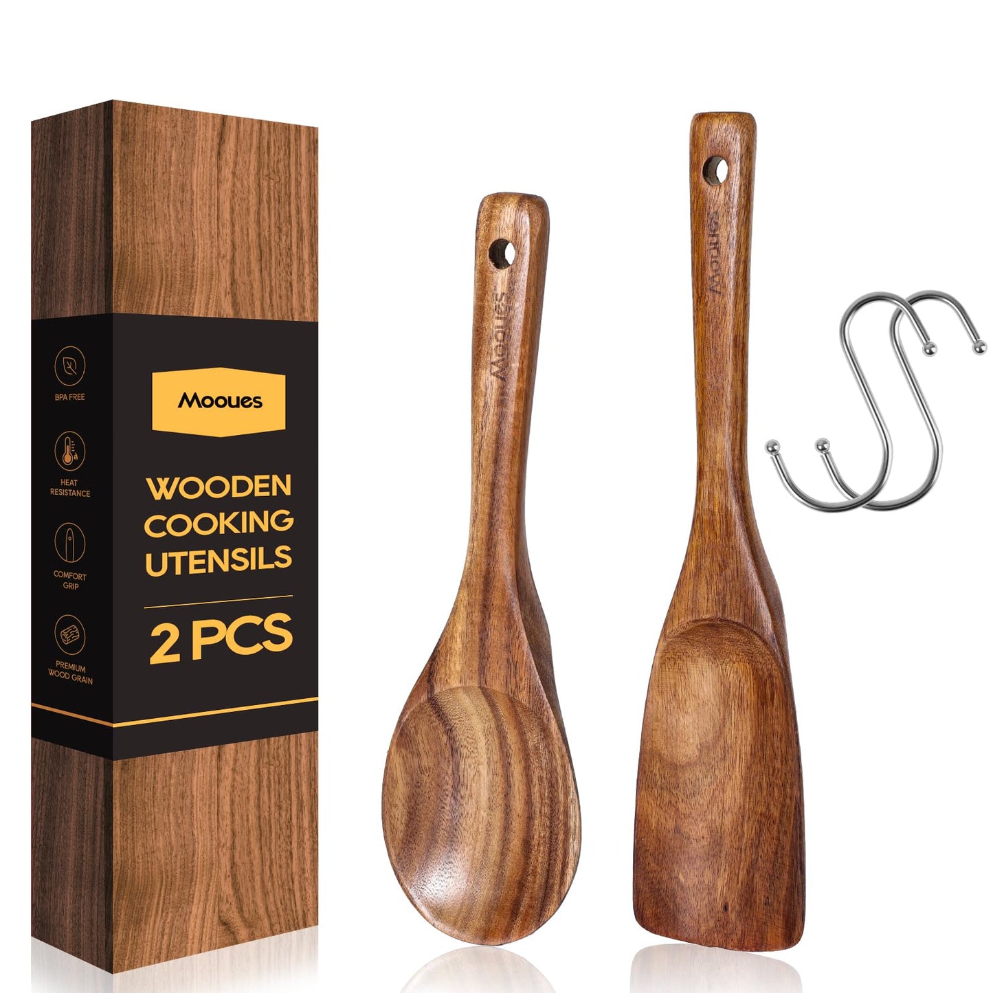 9 Piece Natural Teak Wooden Kitchen Utensil Set with Spoon Rest - Comfort Grip Cooking Spoons and Utensils Holder