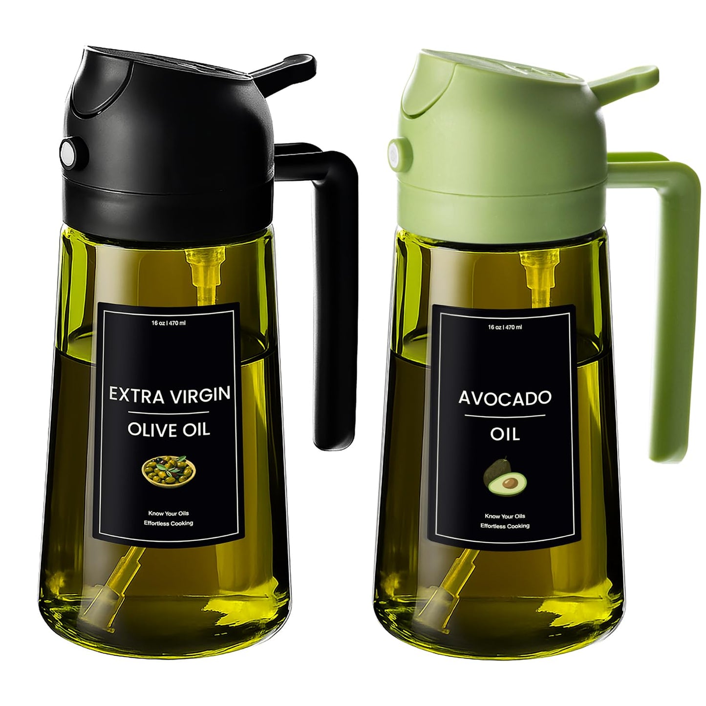 CXINYI - 16oz/470ml Olive Oil Dispenser for Kitchen with Stickers - 2 in 1 Olive Oil Sprayer for Cooking, Air Fryer, and Salad, Black&Green (Light-Proof Kitchen Gadget)