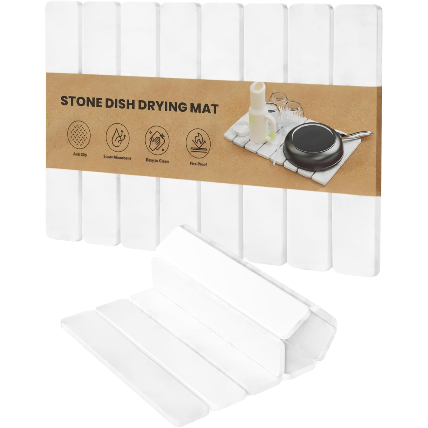 Stone Drying Mat for Kitchen Counter - Collapsible Diatomaceous Earth Dish Drying Stone - Fast Absorbent Stone Dish Drying Mat for Dishes and Pots (White Marble)