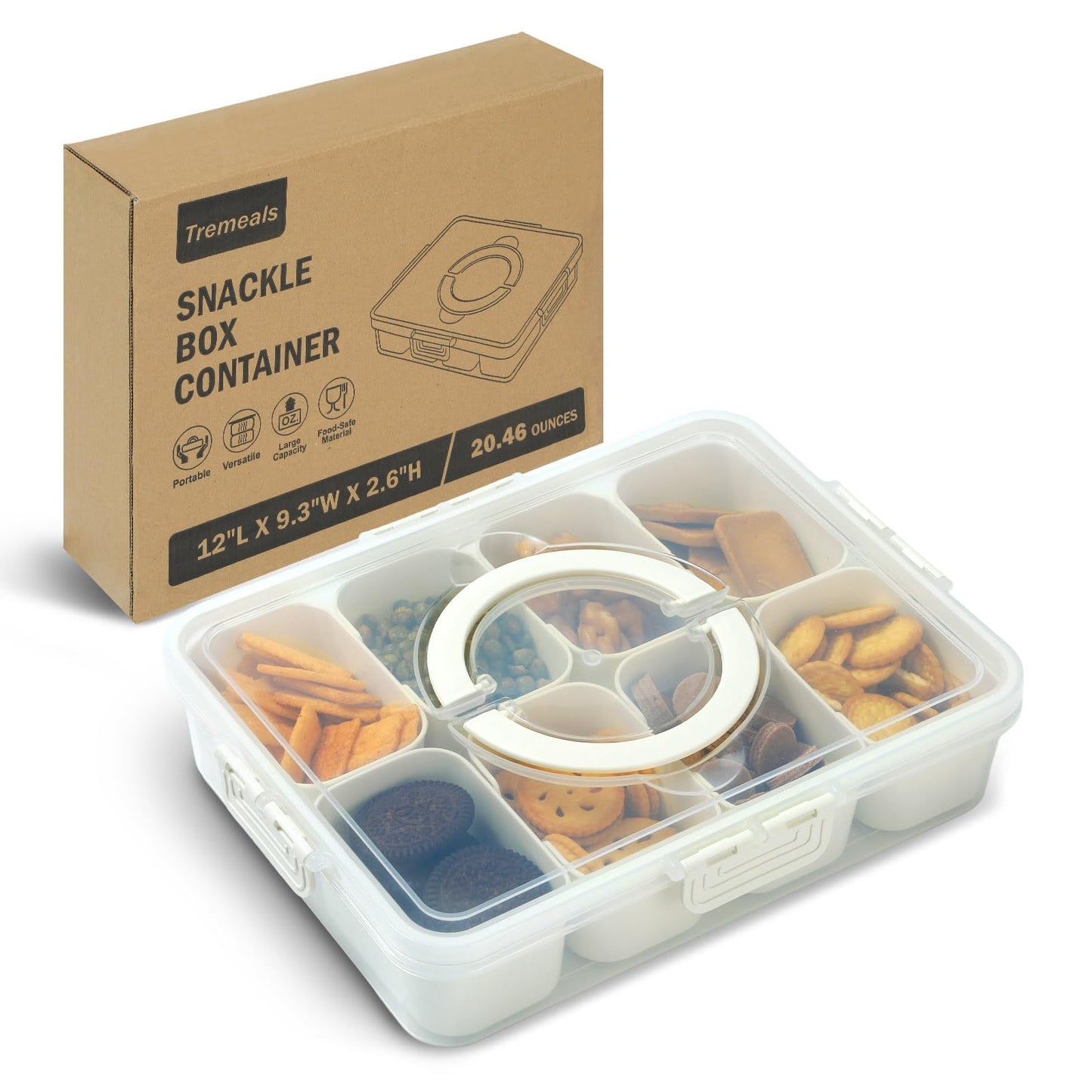 Divided Serving Tray for Candy, Condiment, Fruits and Nuts - Dishwasher Safe Snackle Box Container with Lid - Portable Charcuterie Board for Parties, Picnics, Travel and On-the-Go Snacking (6 Cups)