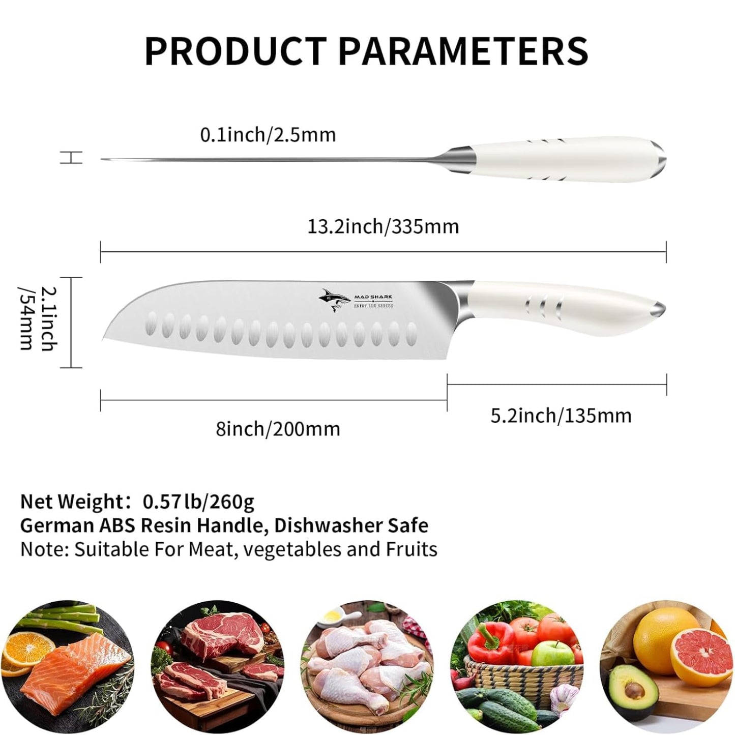 MAD SHARK 8 Inch Santoku Knife - Ultra Sharp Japanese Kitchen Knife, High Carbon German Steel, Ergonomic Handle - Ideal for Slicing, Dicing & Chopping - Unique Gift for Chefs, Men & Women (White)