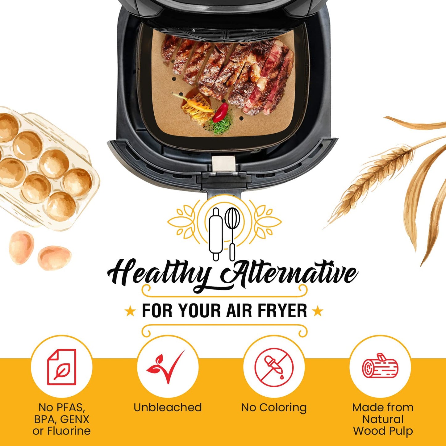 Bamboo Steamer Liner, 8.5" Air Fryer Parchment Paper Liners Sheets – 220pcs Unbleached Bamboo Steamer Basket Liners – Easy Cleanup, Will Not Burn or Curl, Non-Toxic & Volume Pack by Baker’s Signature