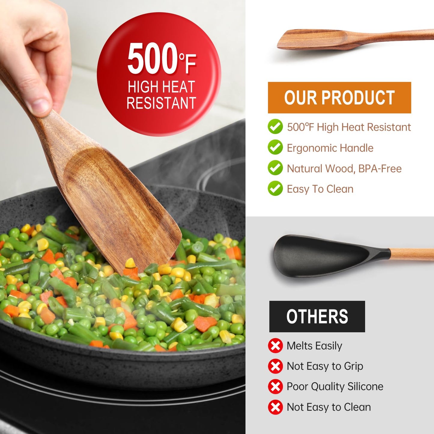 9 Piece Natural Teak Wooden Kitchen Utensil Set with Spoon Rest - Comfort Grip Cooking Spoons and Utensils Holder