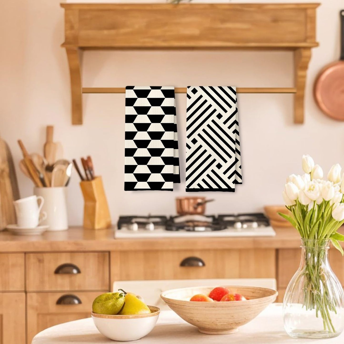 Beige and Black Moroccan Kitchen Towels, Boho Abstract Dish Tea Towels for Kitchen Decor, Retro Mid Century Modern Hand Towel for Bathroom Decor, 16x24 Inches