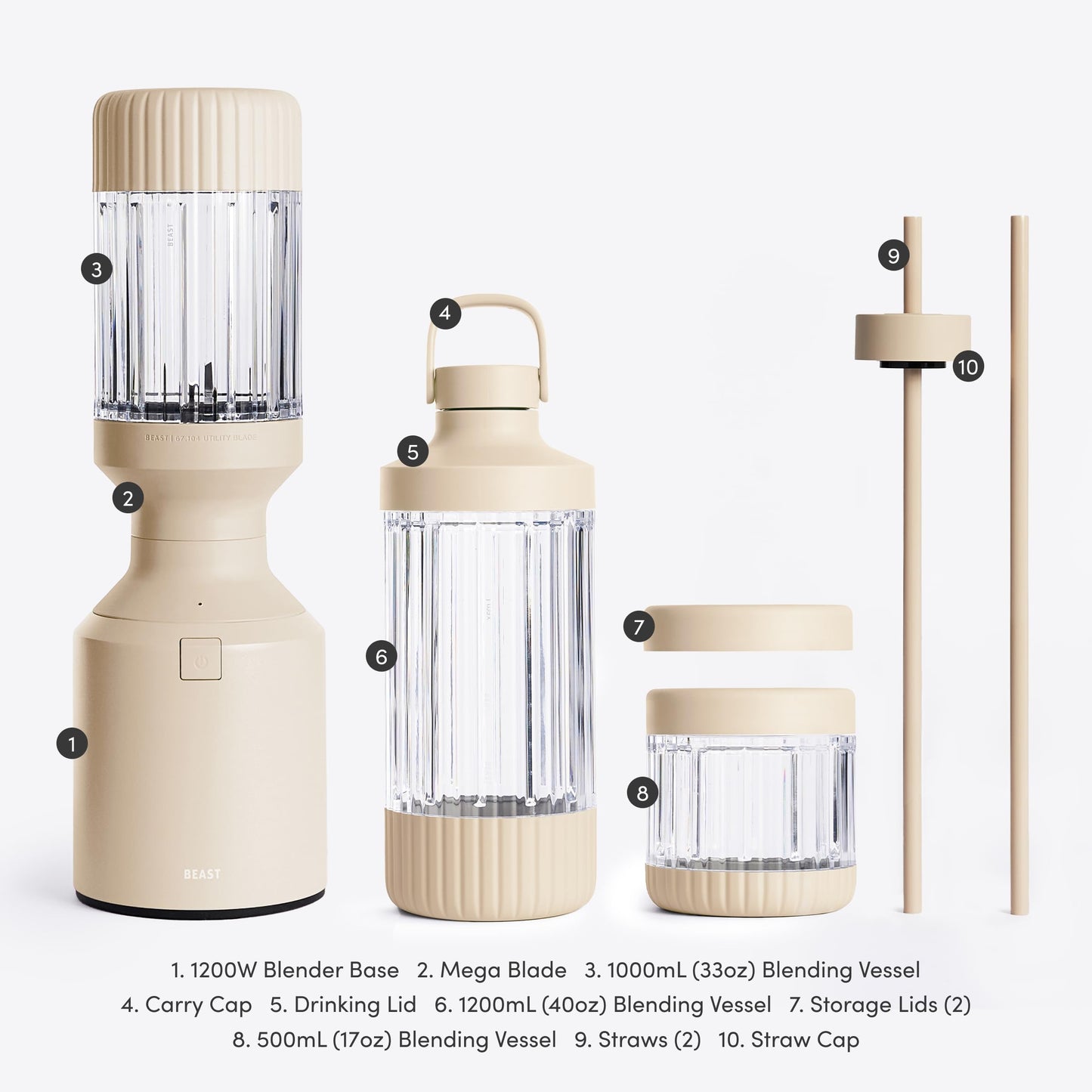 Beast Mega 1200 Plus | Premium Countertop Blender | Smoothies, Shakes, Sauces, Dips, Soups | Blends Ice and Frozen Fruit | XL Vessel | With Extra Vessels, Straw System | (Charcoal, 120V)