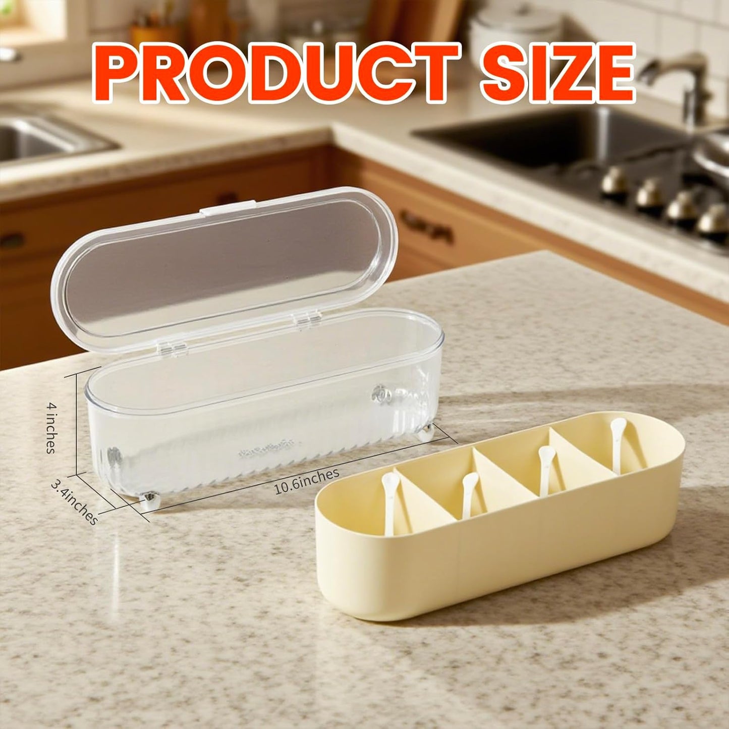 Clear Seasoning Box with 4 Compartments - Spice Organizer with Lids and Spoons - Condiment Container Set for Salt, Sugar, Pepper, and More - Countertop Spice Storage