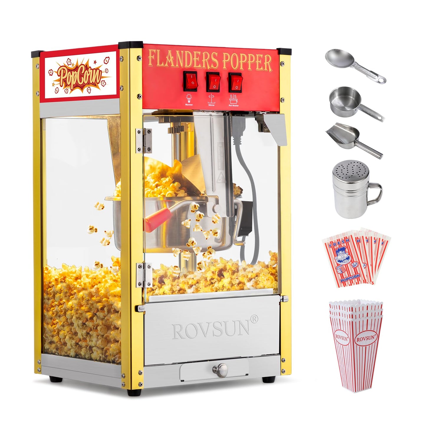 ROVSUN Popcorn Machine with 8 Ounce Kettle Makes Up to 32 Cups, Commercial Popcorn Machine Countertop Popcorn Maker w/Stainless Steel Scoop, Oil Spoon & 3 Popcorn Cups for Home Movie Theater, ETL