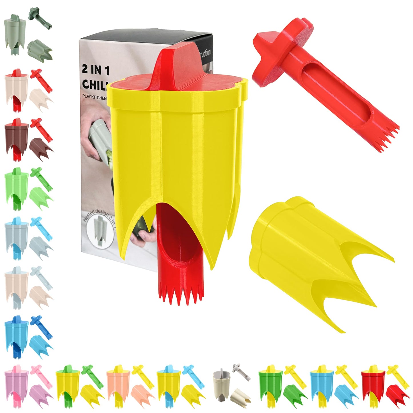 Pepper Corer, 2 in 1 Red Bell Pepper Seed Corer Remover Tool, Fruit & Vegetable Corers Quick Cave Tools for Jalapeno Cutter Deseeder, Blue Yellow, 3 PCS