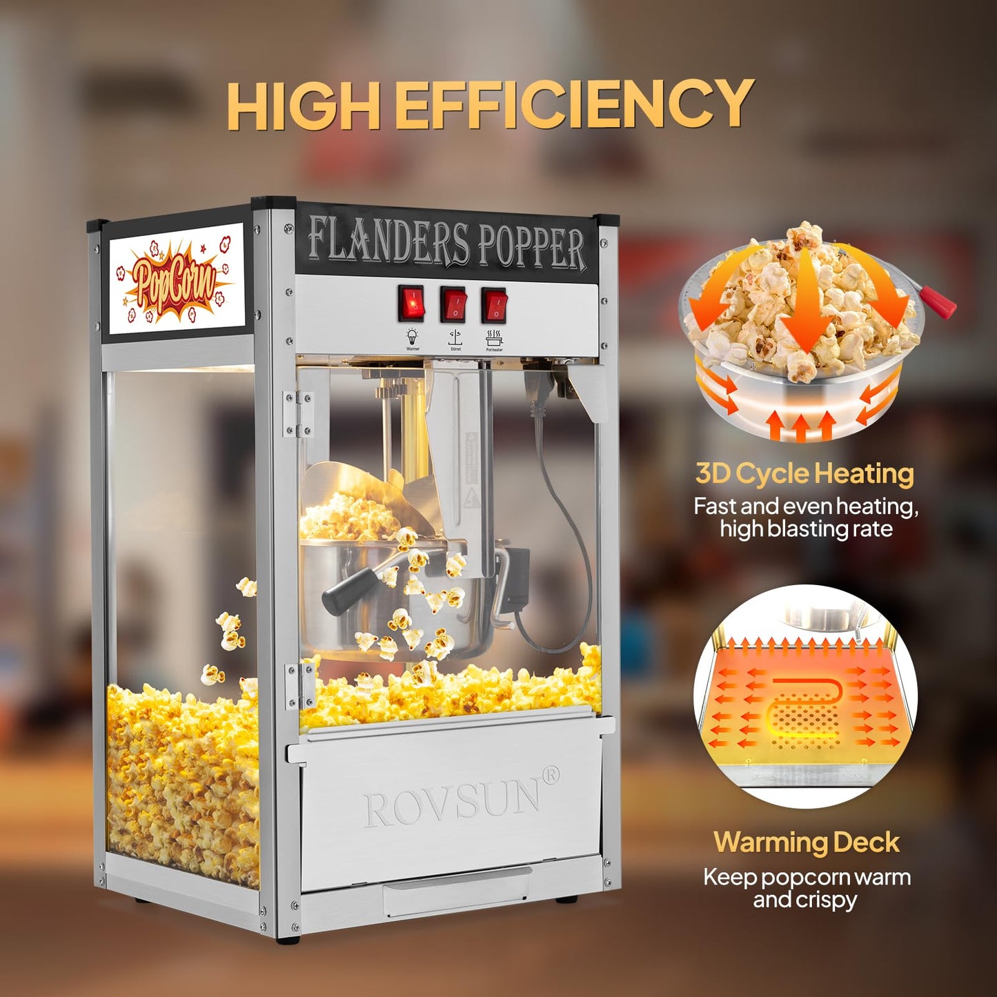 ROVSUN Popcorn Machine with 8 Ounce Kettle Makes Up to 32 Cups, Commercial Popcorn Machine Countertop Popcorn Maker w/Stainless Steel Scoop, Oil Spoon & 3 Popcorn Cups for Home Movie Theater, ETL