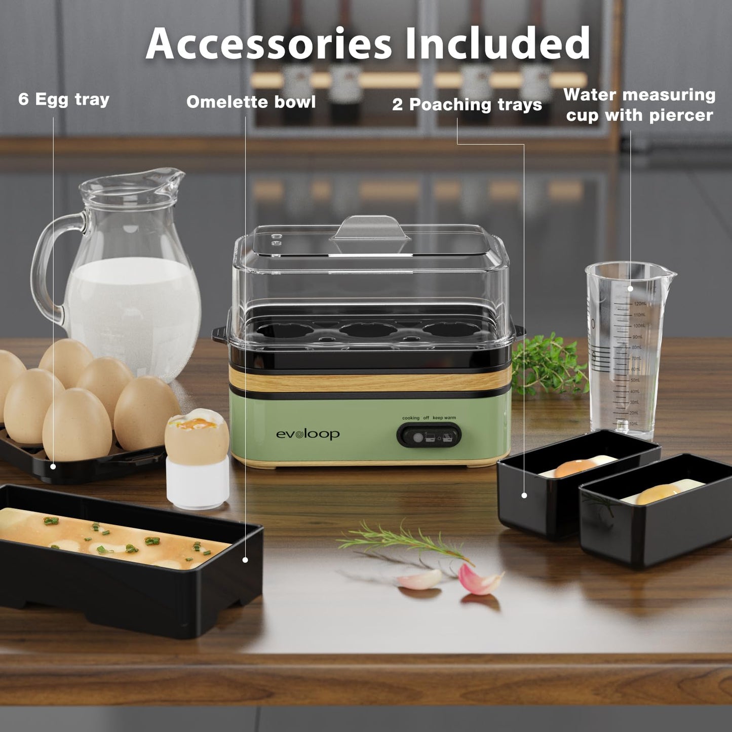 Evoloop Rapid Egg Cooker Electric 6 Eggs Capacity, Soft, Medium, Hard Boiled, Poacher, Omelet Maker Egg Poacher With Auto Shut-Off, BPA Free