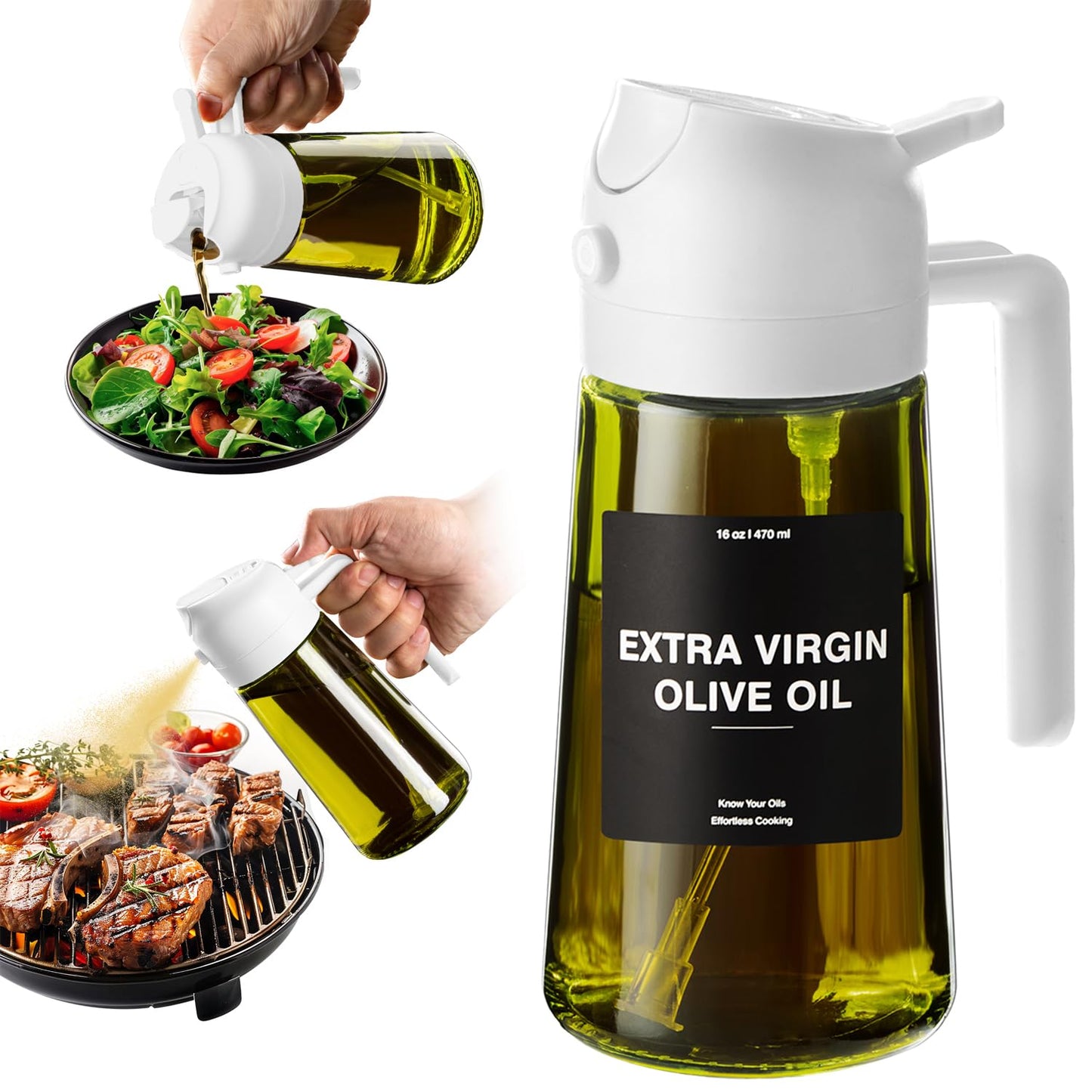 CXINYI - 16oz/470ml Olive Oil Dispenser for Kitchen with Stickers - 2 in 1 Olive Oil Sprayer for Cooking, Air Fryer, and Salad, Black&Green (Light-Proof Kitchen Gadget)