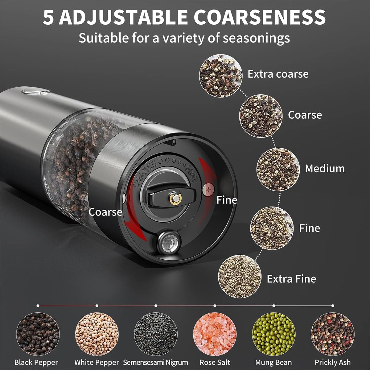 Electric Salt and Pepper Grinder Set, Rechargeable Automatic Stainless Steel Pepper Mills with LED Light, Upgraded Charging Base, Adjustable Coarseness, One-Hand Operation, House Warming Cooking Gifts