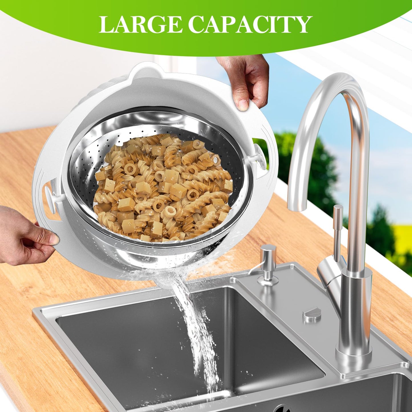 Over the Sink Colander - Strainers and Colanders - Stainless Steel Strainer - Expandable Sink Colander with Rubber Grip for Strain, Drain, Rinse Fruits, Vegetables, Home Kitchen Essentials