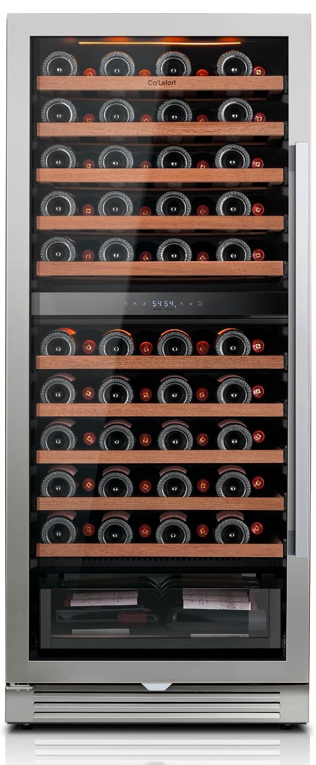Ca'Lefort 24 Inch Wine Fridge, Dual Zone 90 Bottle Wine Cooler Refrigerator, 40-65°F Refrigerator with Glass Door, 3 LED Built-in/Freestanding Fridge for Bar/Kitchen/Resterant (Left-Hinged)