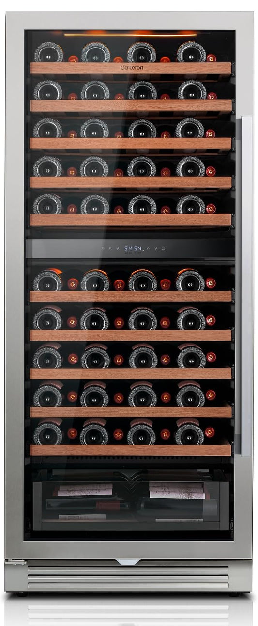 Ca'Lefort 24 Inch Wine Fridge, Dual Zone 90 Bottle Wine Cooler Refrigerator, 40-65°F Refrigerator with Glass Door, 3 LED Built-in/Freestanding Fridge for Bar/Kitchen/Resterant (Left-Hinged)