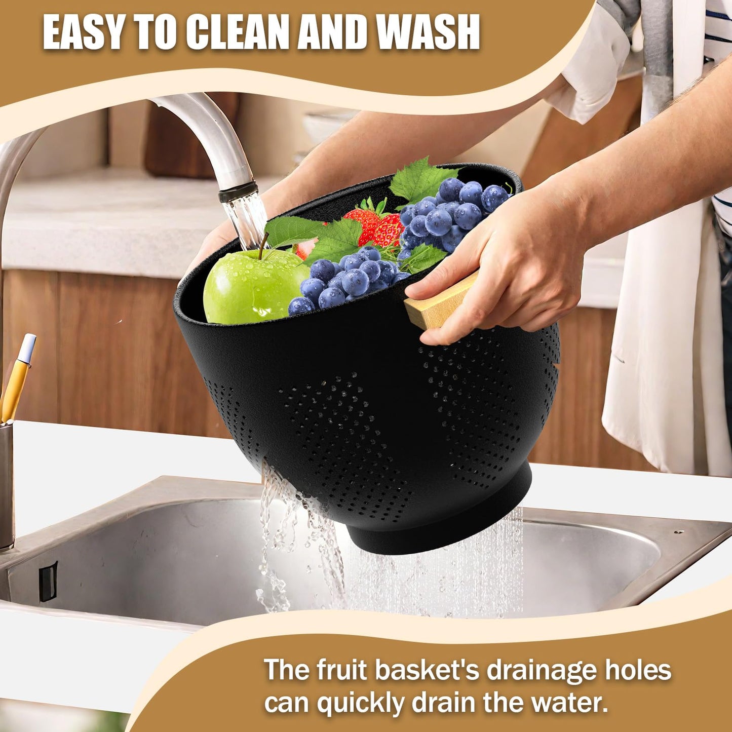 Over the Sink Colander - Strainers and Colanders - Stainless Steel Strainer - Expandable Sink Colander with Rubber Grip for Strain, Drain, Rinse Fruits, Vegetables, Home Kitchen Essentials