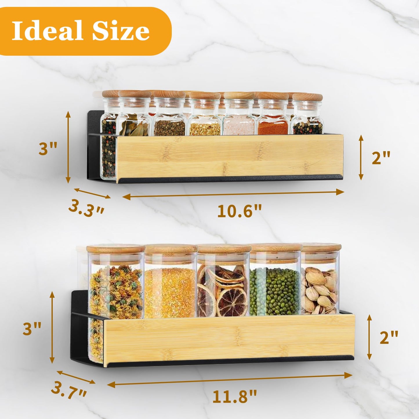 Kitchen Spice Rack for Wall: 2 Packs Black Adhesive Spice Racks Wall Mount - 11.8" Large Hanging Storage Organizer Cabinet Without Drilling for Work Room Bathroom Shelves