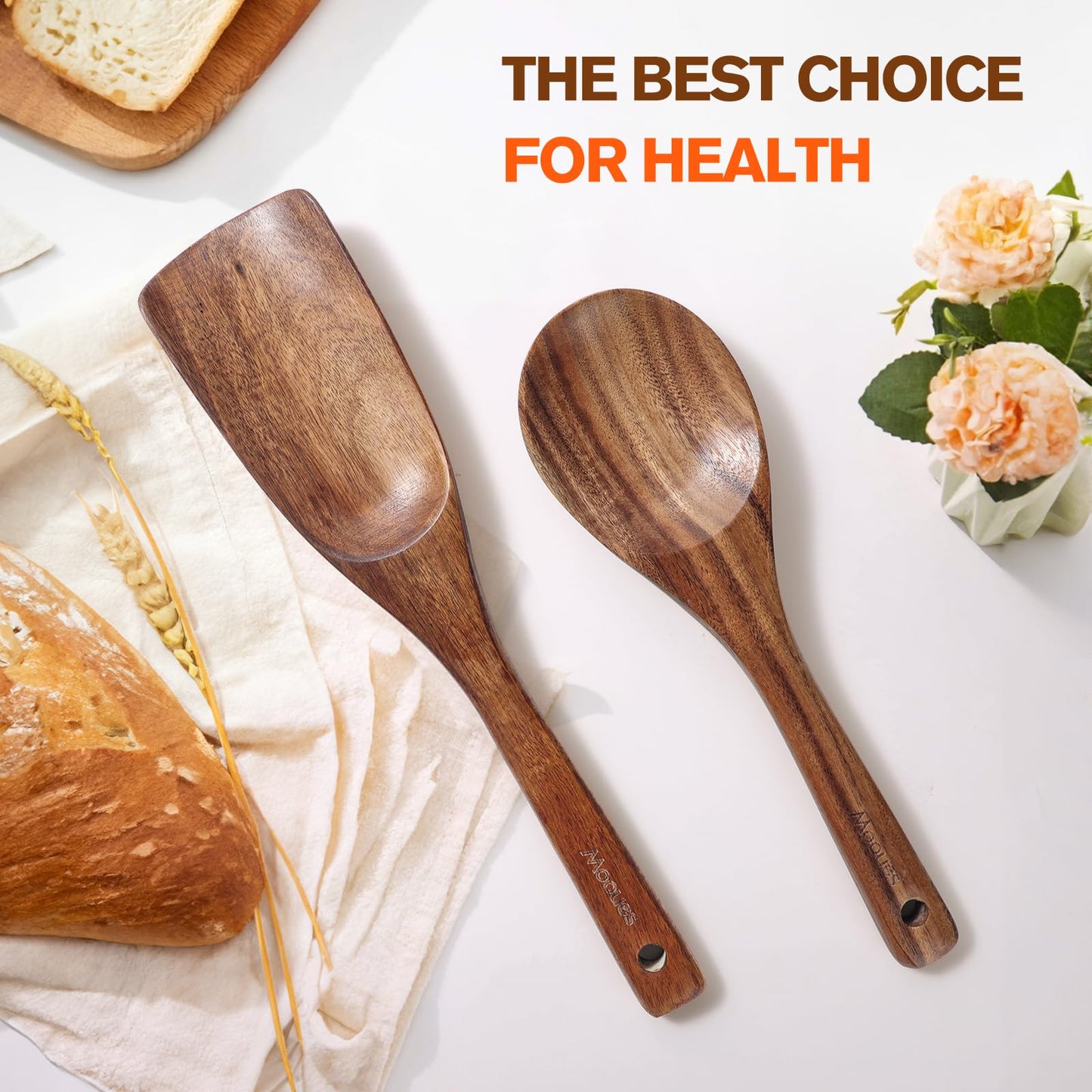 9 Piece Natural Teak Wooden Kitchen Utensil Set with Spoon Rest - Comfort Grip Cooking Spoons and Utensils Holder