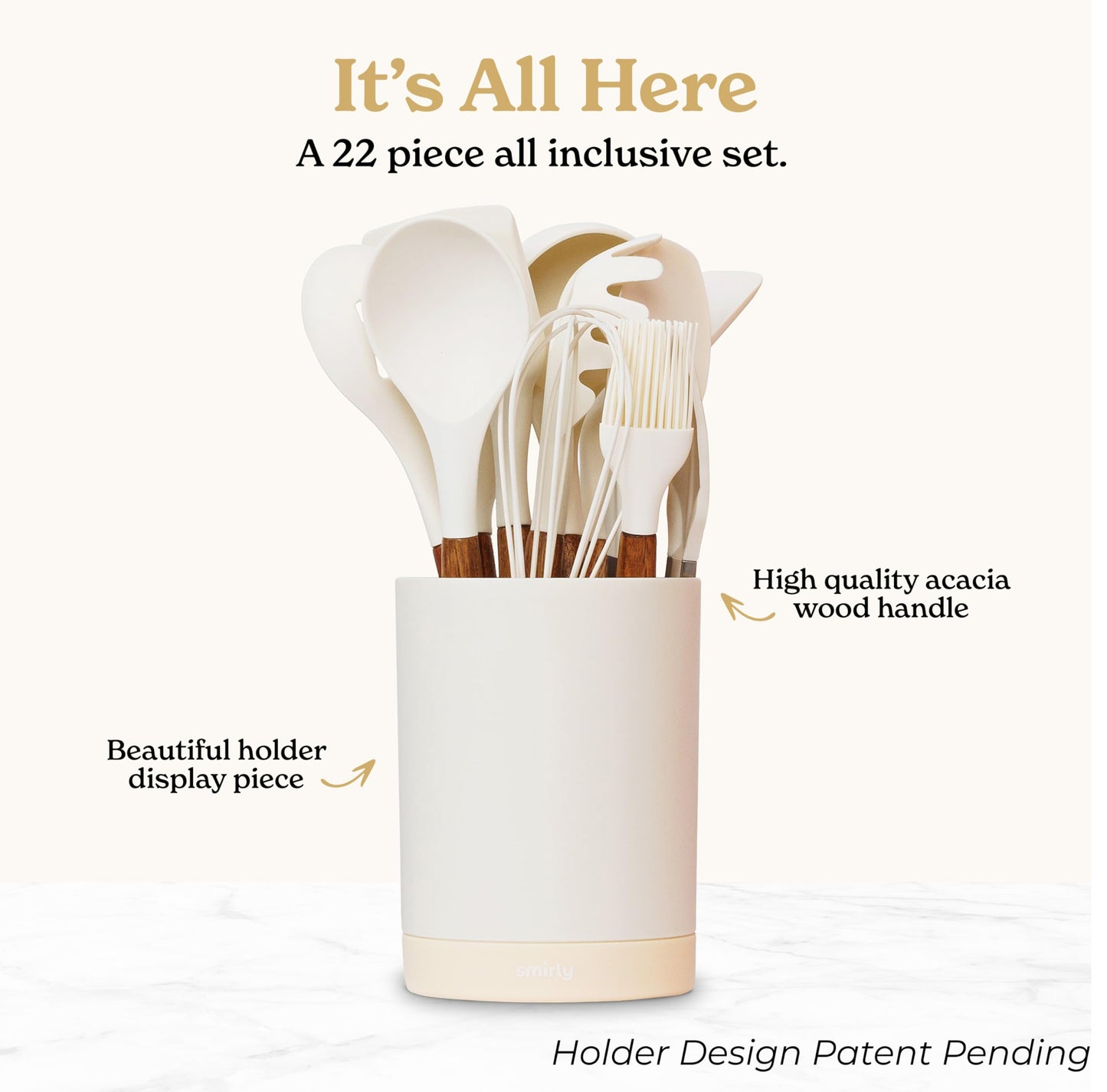 Silicone Kitchen Utensils Set & Holder: Cooking Utensils Set - Kitchen Essentials for New Home & 1st Apartment- Silicone Spatula Set, Cooking Spoons for Nonstick Cookware (Acacia Wood, Cream White)