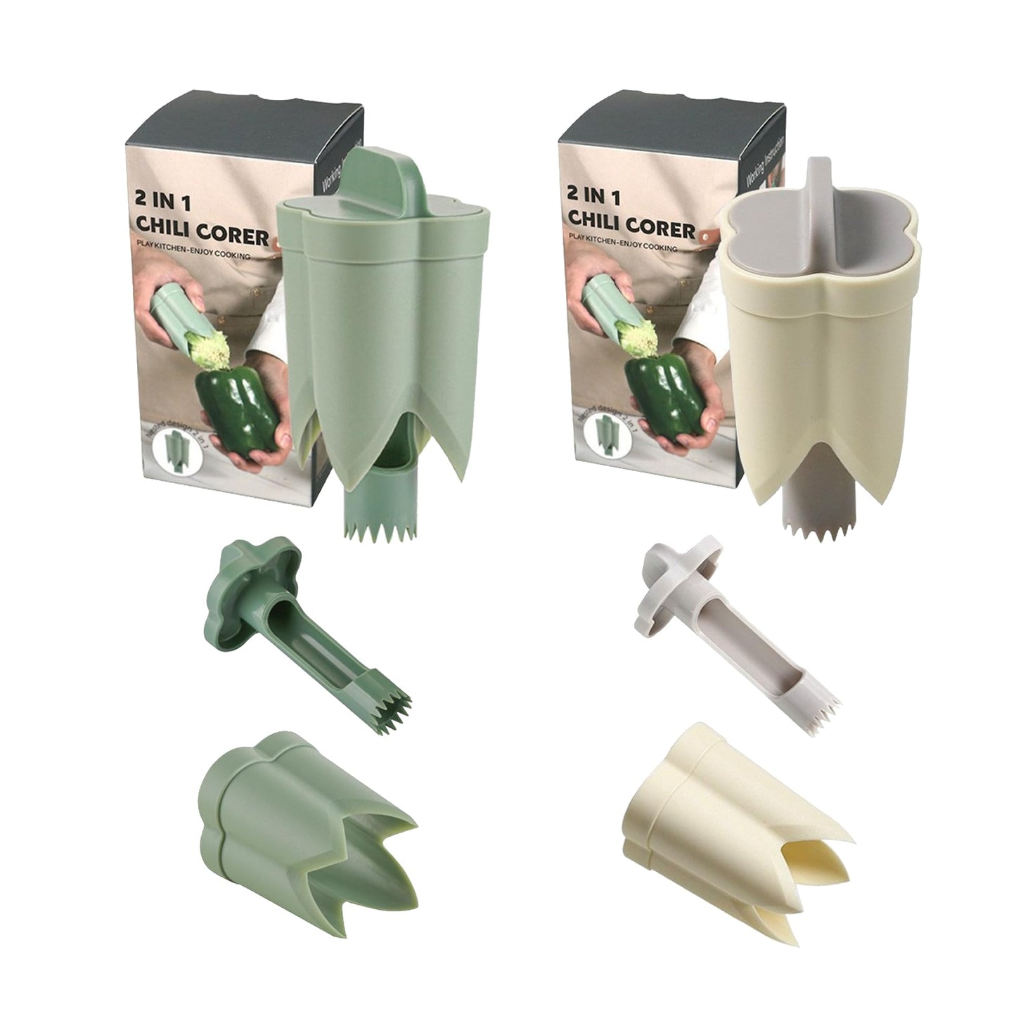 Pepper Corer, 2 in 1 Red Bell Pepper Seed Corer Remover Tool, Fruit & Vegetable Corers Quick Cave Tools for Jalapeno Cutter Deseeder, Blue Yellow, 3 PCS