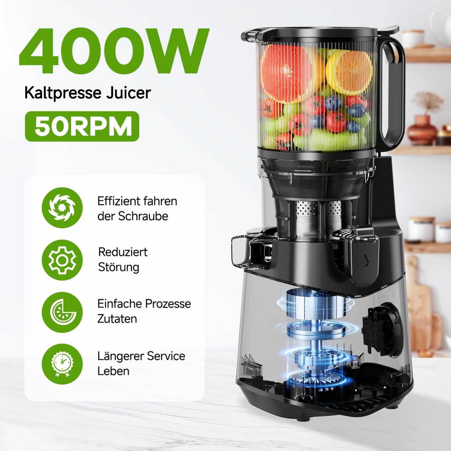 Cold Press Juicer, 5.8" Wide Feed Chute Juice Extractor Machine with 400W, High Juice Yield, Slow Masticating Juicer for Whole Vegetables & Fruits, Charcoal Grey