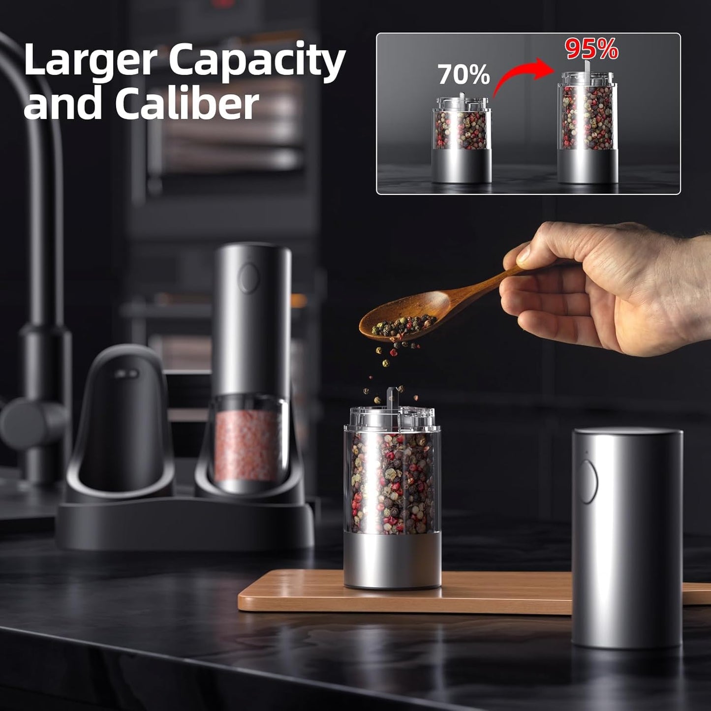 Electric Salt and Pepper Grinder Set, Rechargeable Automatic Stainless Steel Pepper Mills with LED Light, Upgraded Charging Base, Adjustable Coarseness, One-Hand Operation, House Warming Cooking Gifts