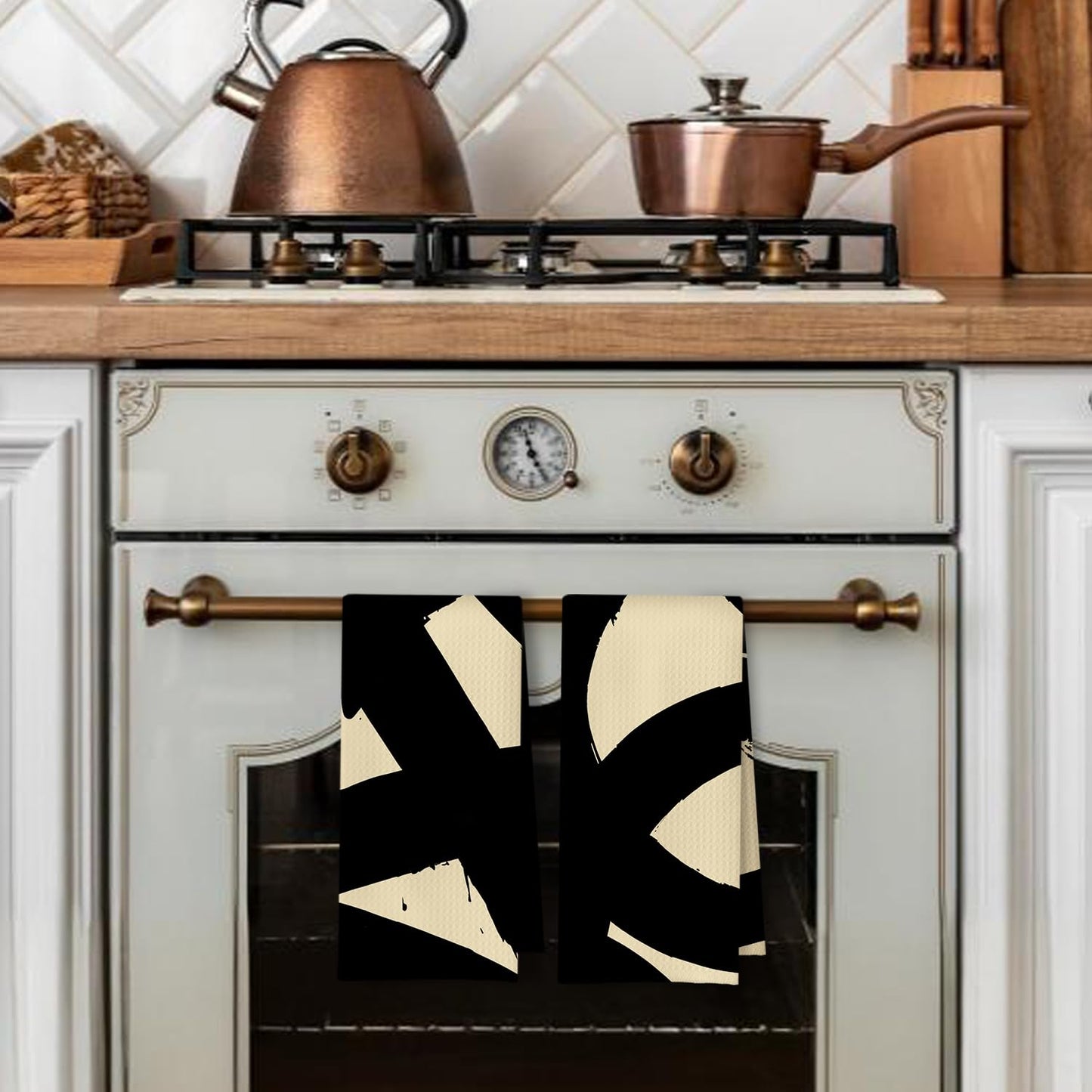 Beige and Black Moroccan Kitchen Towels, Boho Abstract Dish Tea Towels for Kitchen Decor, Retro Mid Century Modern Hand Towel for Bathroom Decor, 16x24 Inches