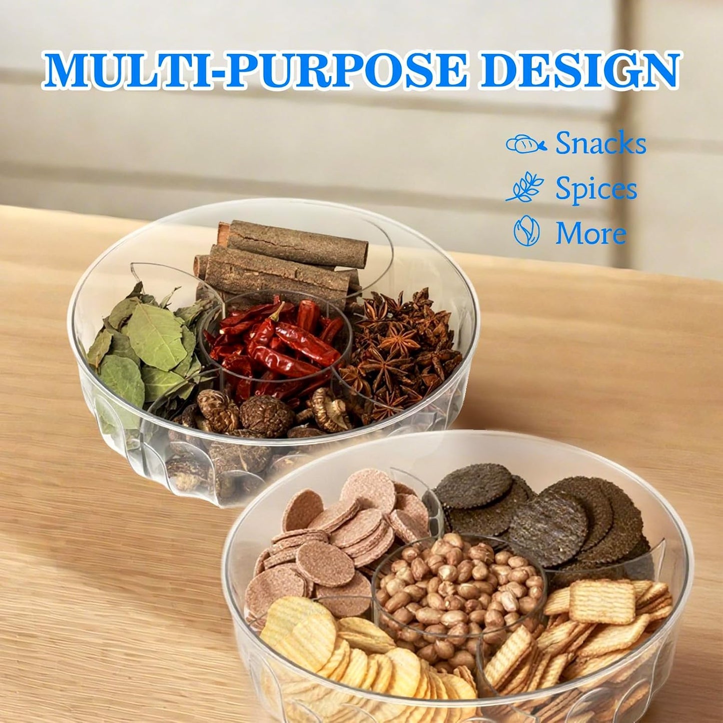 Round Spice Organizer Box with Lid – 5-Compartment Clear Seasoning Container for Kitchen – BPA-Free Food Grade Storage for Herbs, Dried Chili, Star Anise & More