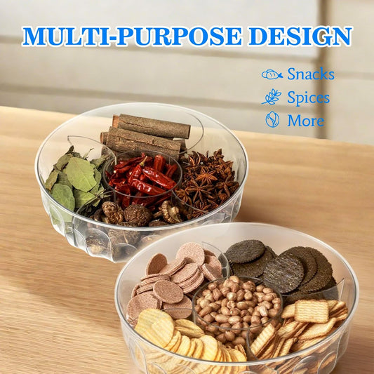 Round Spice Organizer Box with Lid – 5-Compartment Clear Seasoning Container for Kitchen – BPA-Free Food Grade Storage for Herbs, Dried Chili, Star Anise & More