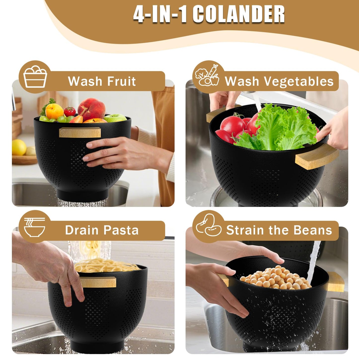 Over the Sink Colander - Strainers and Colanders - Stainless Steel Strainer - Expandable Sink Colander with Rubber Grip for Strain, Drain, Rinse Fruits, Vegetables, Home Kitchen Essentials