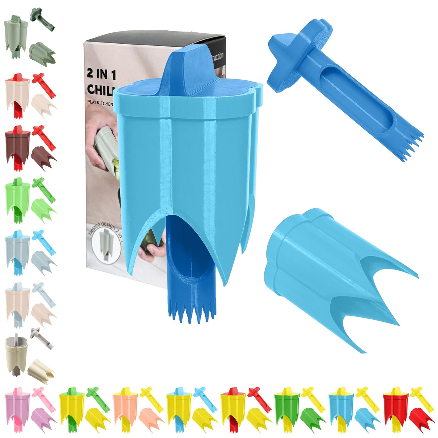 Pepper Corer, 2 in 1 Red Bell Pepper Seed Corer Remover Tool, Fruit & Vegetable Corers Quick Cave Tools for Jalapeno Cutter Deseeder, Blue Yellow, 3 PCS