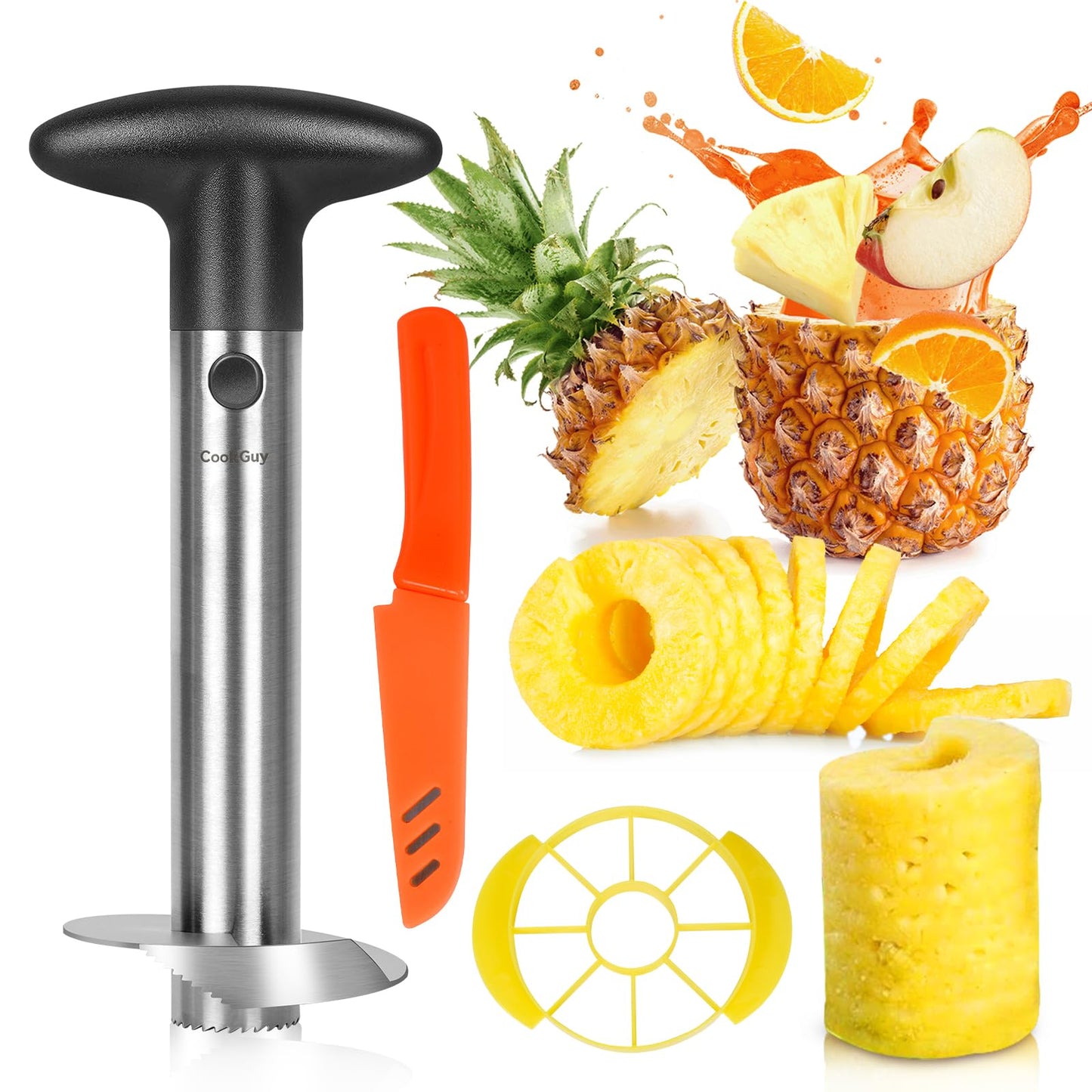 Cook Guy Hollow Handle Pineapple Corer and Slicer Set - Features Reinforced Stainless Steel Pineapple Cutter and Fruit Knife - Effortless Core Removal and Slicing Tool