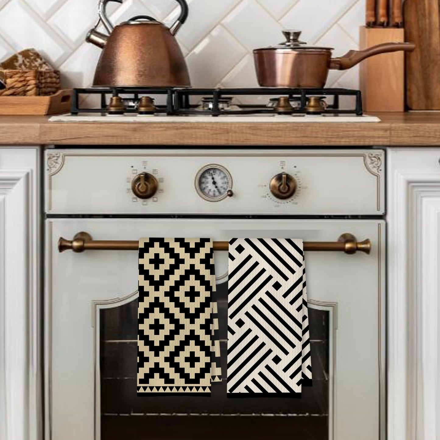 Beige and Black Moroccan Kitchen Towels, Boho Abstract Dish Tea Towels for Kitchen Decor, Retro Mid Century Modern Hand Towel for Bathroom Decor, 16x24 Inches