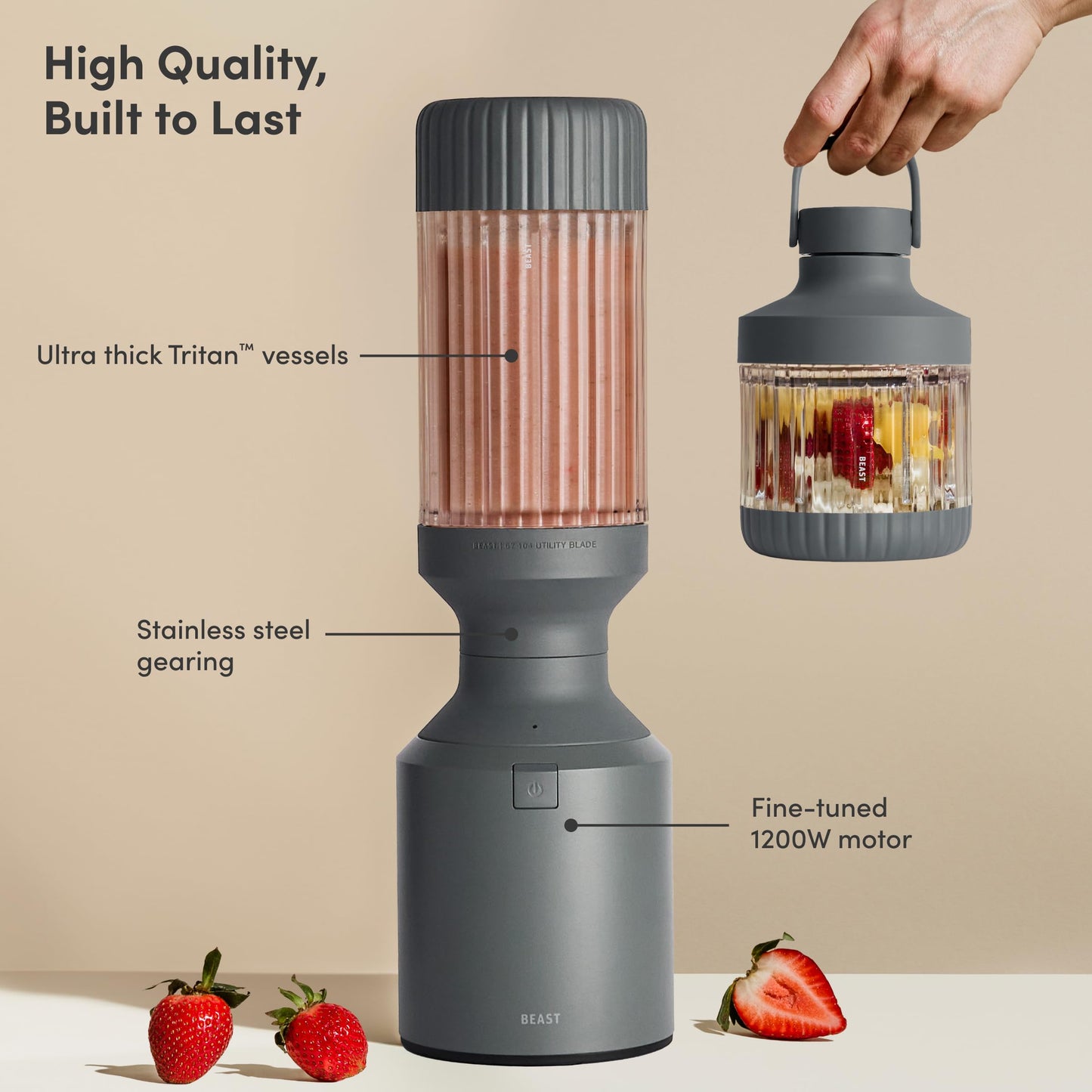 Beast Mega 1200 Plus | Premium Countertop Blender | Smoothies, Shakes, Sauces, Dips, Soups | Blends Ice and Frozen Fruit | XL Vessel | With Extra Vessels, Straw System | (Charcoal, 120V)