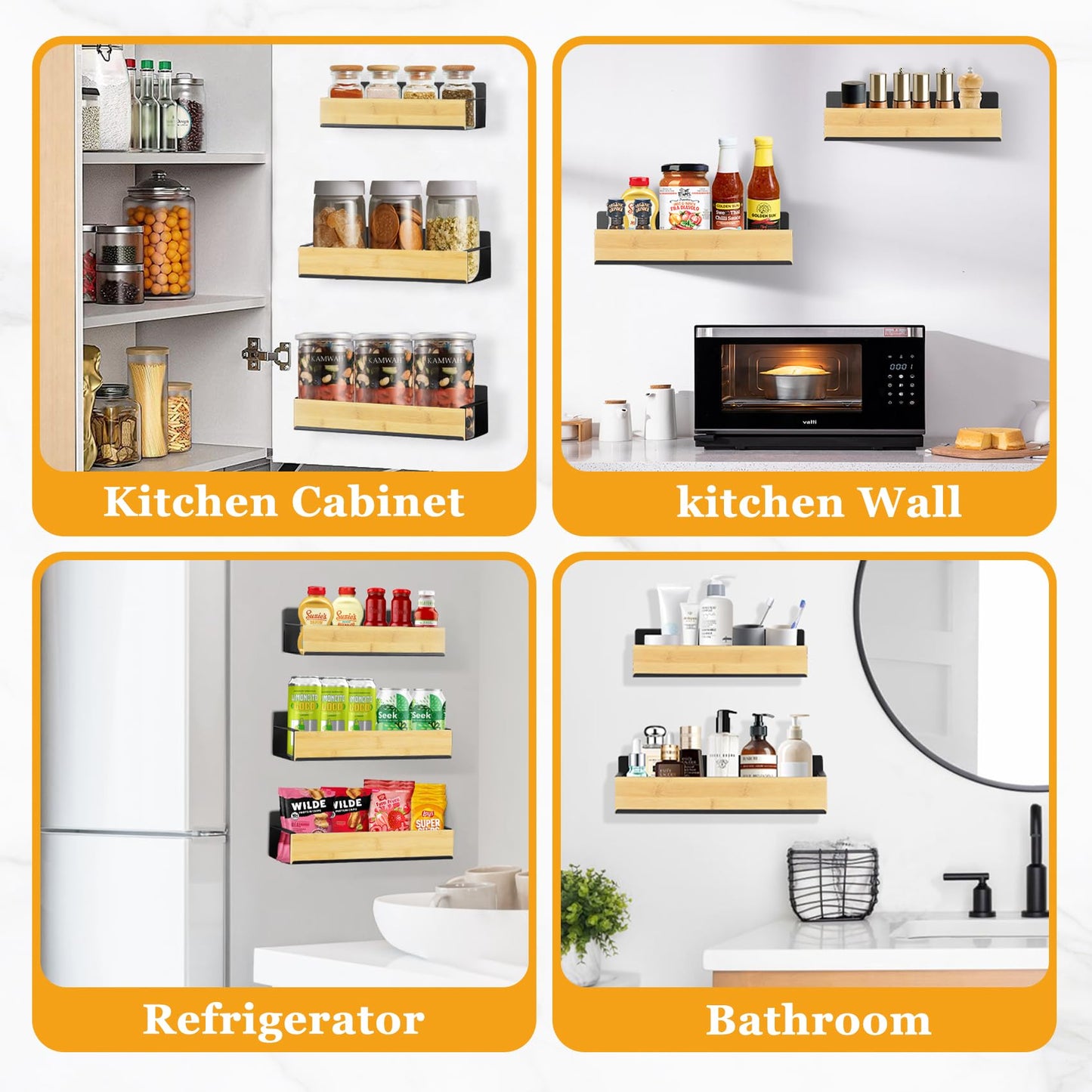 Kitchen Spice Rack for Wall: 2 Packs Black Adhesive Spice Racks Wall Mount - 11.8" Large Hanging Storage Organizer Cabinet Without Drilling for Work Room Bathroom Shelves