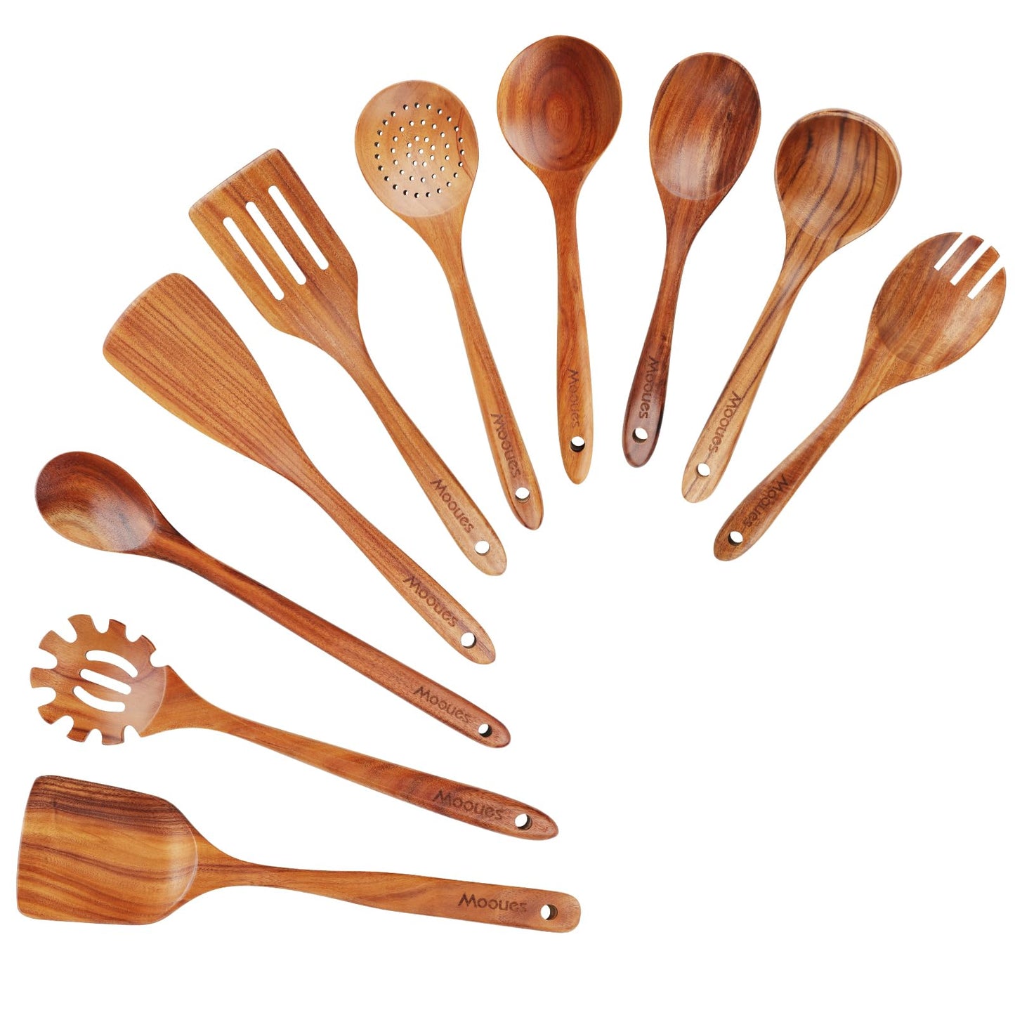 9 Piece Natural Teak Wooden Kitchen Utensil Set with Spoon Rest - Comfort Grip Cooking Spoons and Utensils Holder
