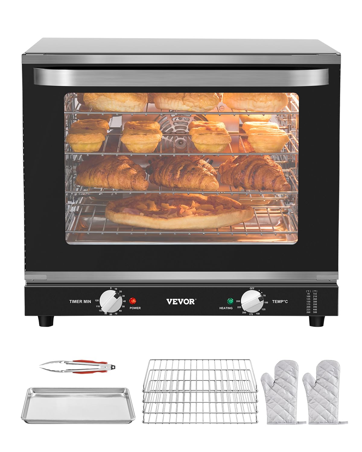 VEVOR Commercial Convection Oven, 21L/19Qt, Quarter-Size Conventional Oven Countertop, 1440W 3-Tier Toaster w/Front Glass Door, Electric Baking Oven w/Trays Wire Racks Clip Gloves, 120V