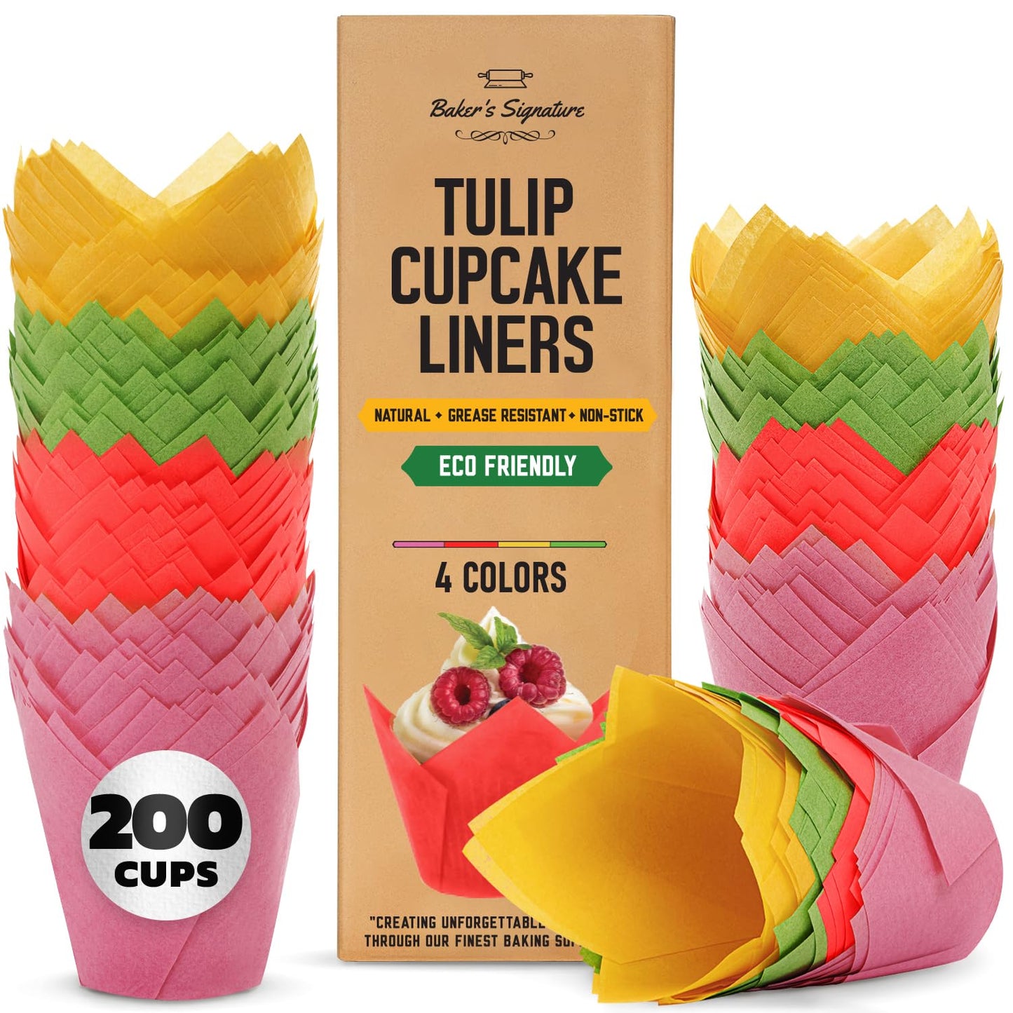 Tulip Cupcake Liners, Muffin Liners for Baking by Baker’s Signature – 200pcs of Parchment Paper Cups Cupcake Wrappers – Perfect Size, Sturdy, Greaseproof & Easy to Use – Colorful