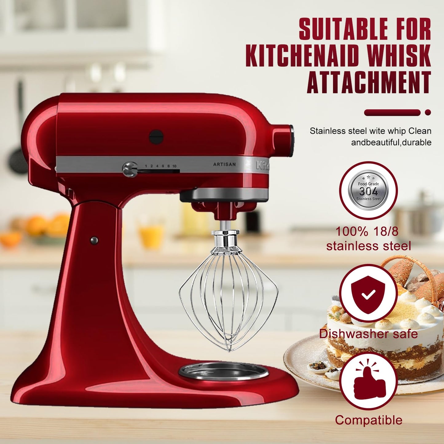 Whole Stainless Steel K45WW Whisk Attachment for KitchenAid 4.5-5 Tilt-Head Mixer, Dishwasher Safe Wire Whip for Kitchen Aid