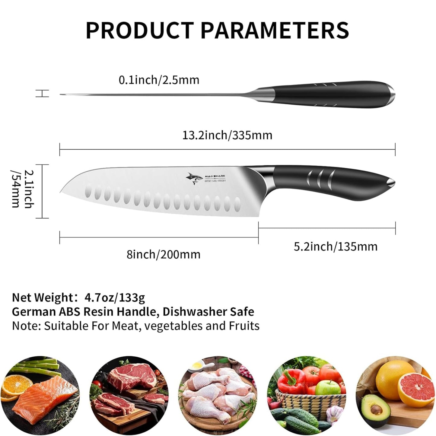 MAD SHARK 8 Inch Santoku Knife - Ultra Sharp Japanese Kitchen Knife, High Carbon German Steel, Ergonomic Handle - Ideal for Slicing, Dicing & Chopping - Unique Gift for Chefs, Men & Women (White)