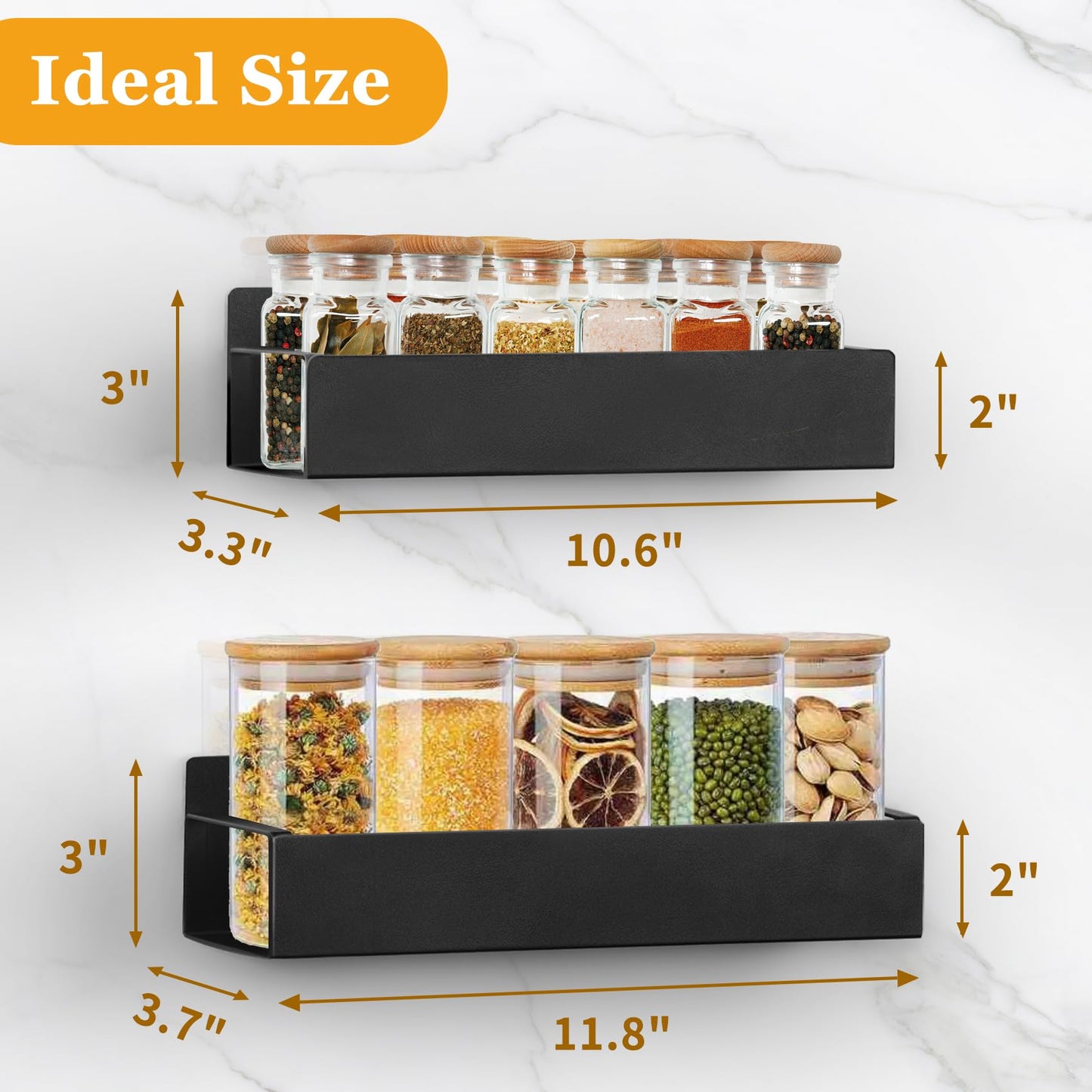 Kitchen Spice Rack for Wall: 2 Packs Black Adhesive Spice Racks Wall Mount - 11.8" Large Hanging Storage Organizer Cabinet Without Drilling for Work Room Bathroom Shelves
