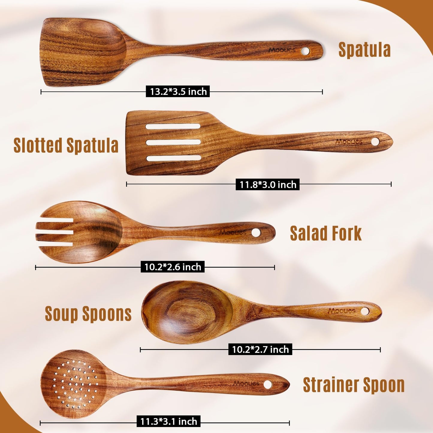 9 Piece Natural Teak Wooden Kitchen Utensil Set with Spoon Rest - Comfort Grip Cooking Spoons and Utensils Holder