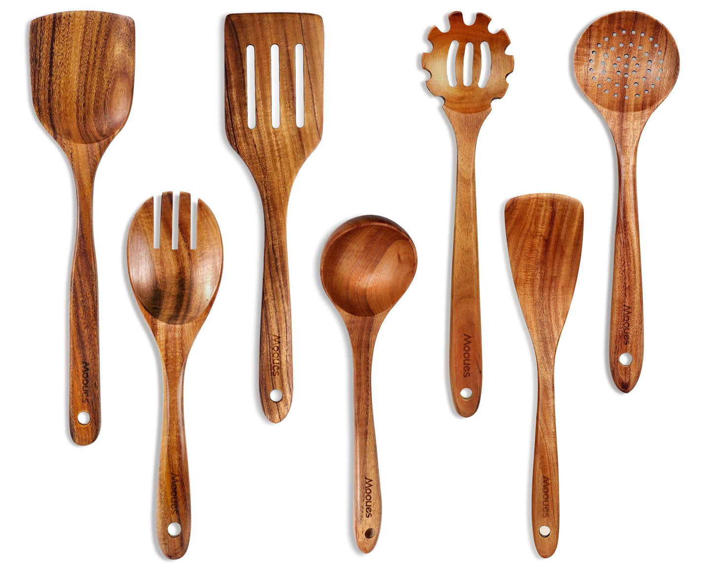 9 Piece Natural Teak Wooden Kitchen Utensil Set with Spoon Rest - Comfort Grip Cooking Spoons and Utensils Holder