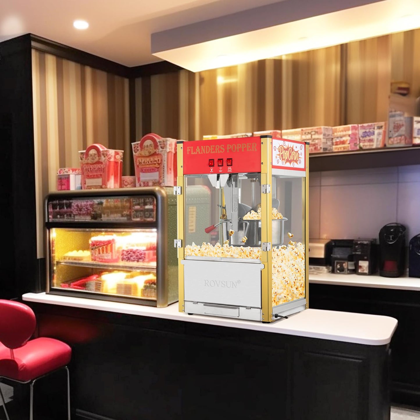 ROVSUN Popcorn Machine with 8 Ounce Kettle Makes Up to 32 Cups, Commercial Popcorn Machine Countertop Popcorn Maker w/Stainless Steel Scoop, Oil Spoon & 3 Popcorn Cups for Home Movie Theater, ETL