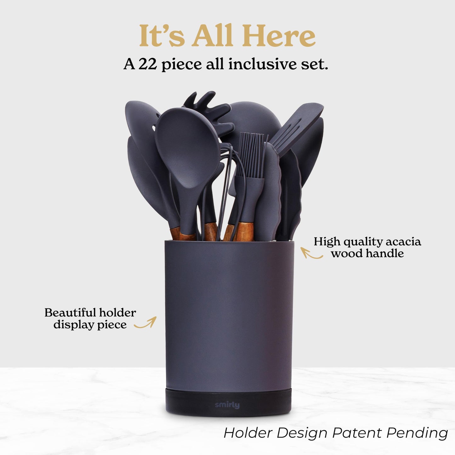 Silicone Kitchen Utensils Set & Holder: Cooking Utensils Set - Kitchen Essentials for New Home & 1st Apartment- Silicone Spatula Set, Cooking Spoons for Nonstick Cookware (Acacia Wood, Cream White)