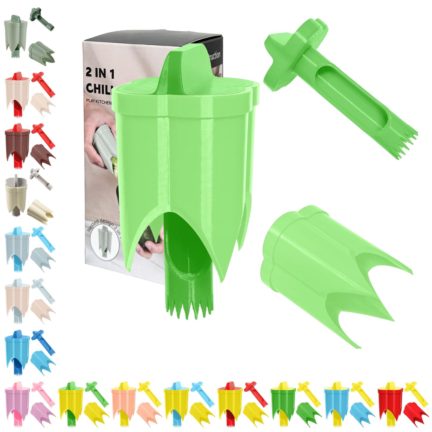 Pepper Corer, 2 in 1 Red Bell Pepper Seed Corer Remover Tool, Fruit & Vegetable Corers Quick Cave Tools for Jalapeno Cutter Deseeder, Blue Yellow, 3 PCS