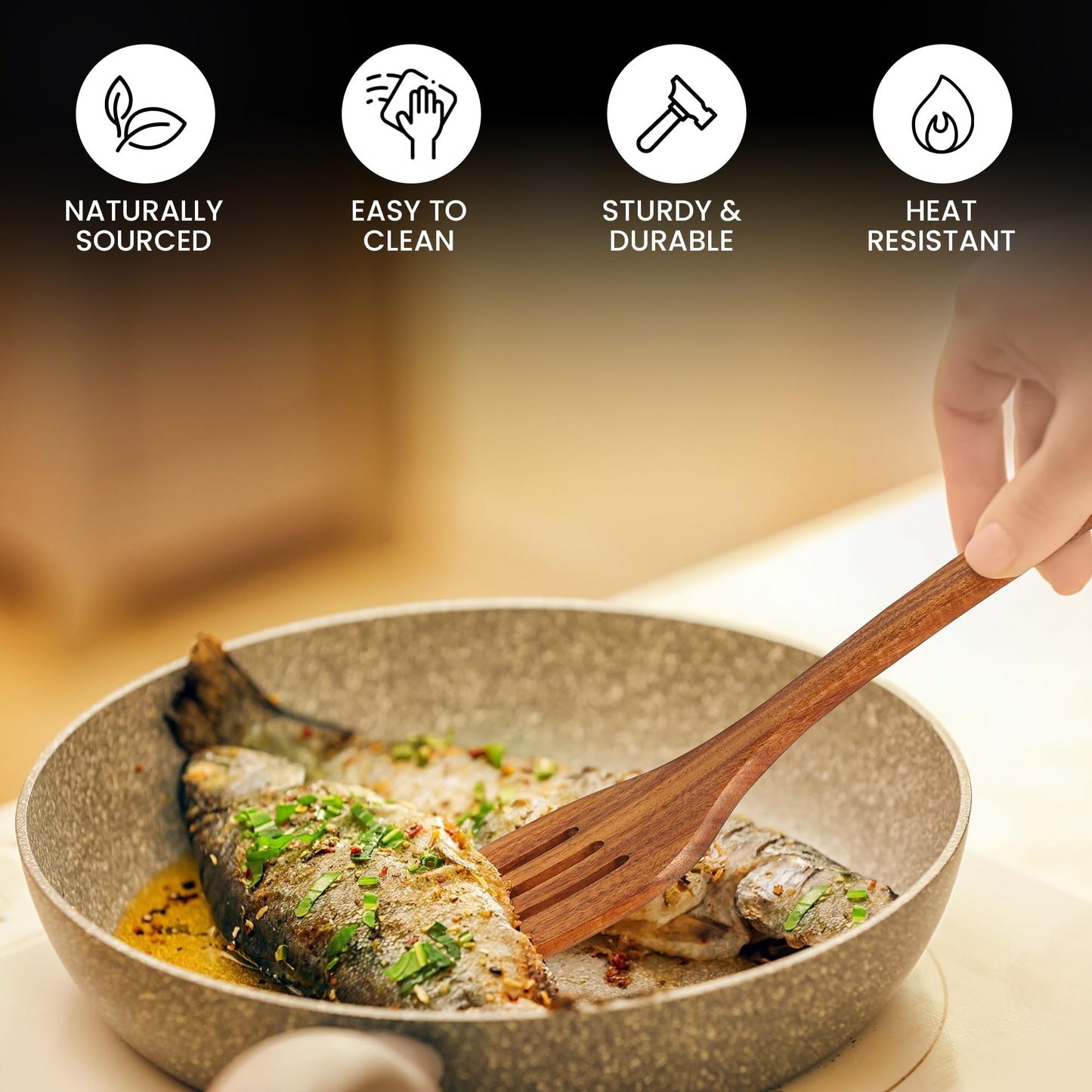 Zulay Kitchen 9.4" Teak Wooden Cooking Spoon – Durable, Non-Stick Wooden Utensil for Cooking, Stirring, Mixing & Serving – Heat-Resistant, Smooth Finish Kitchen Spoon for Nonstick Cookware