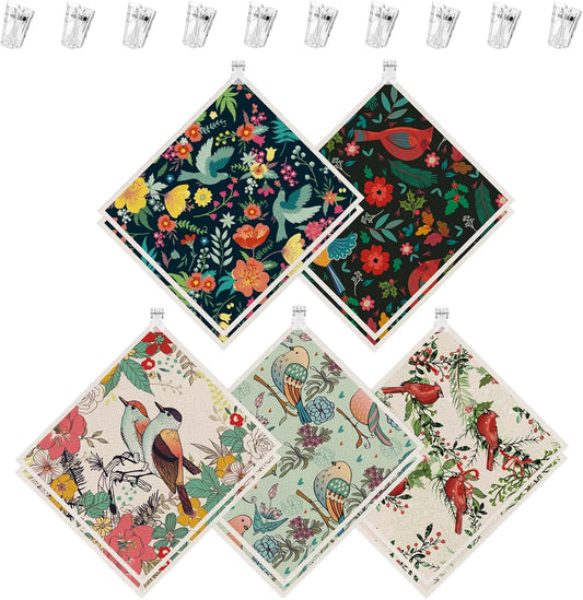 10PCS Swedish Dishcloths for Kitchen, Reusable Dish Rags for Washing Dishes with Clips, Non-Scratch Kitchen Towels and Dishcloths Sets, Washable Swedish Dish Cloths, No Odor(Birds Flowers)