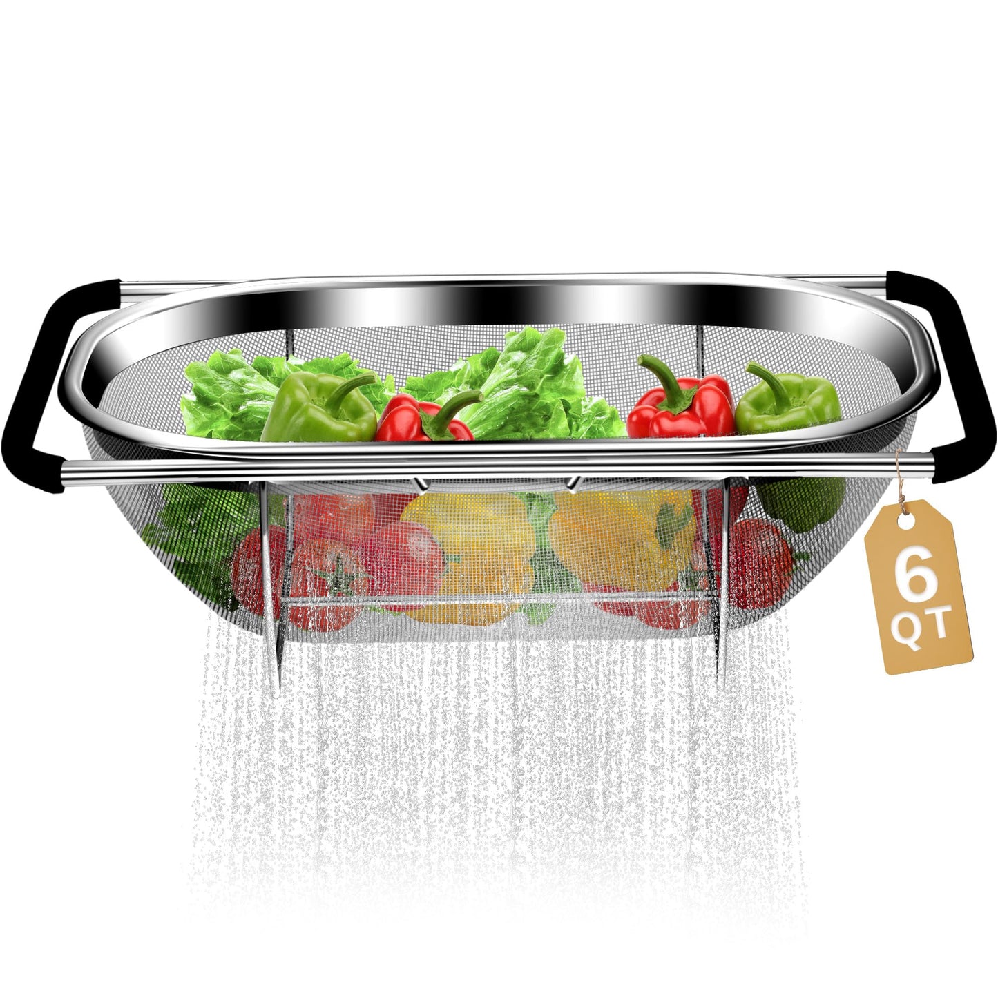 Over the Sink Colander - Strainers and Colanders - Stainless Steel Strainer - Expandable Sink Colander with Rubber Grip for Strain, Drain, Rinse Fruits, Vegetables, Home Kitchen Essentials