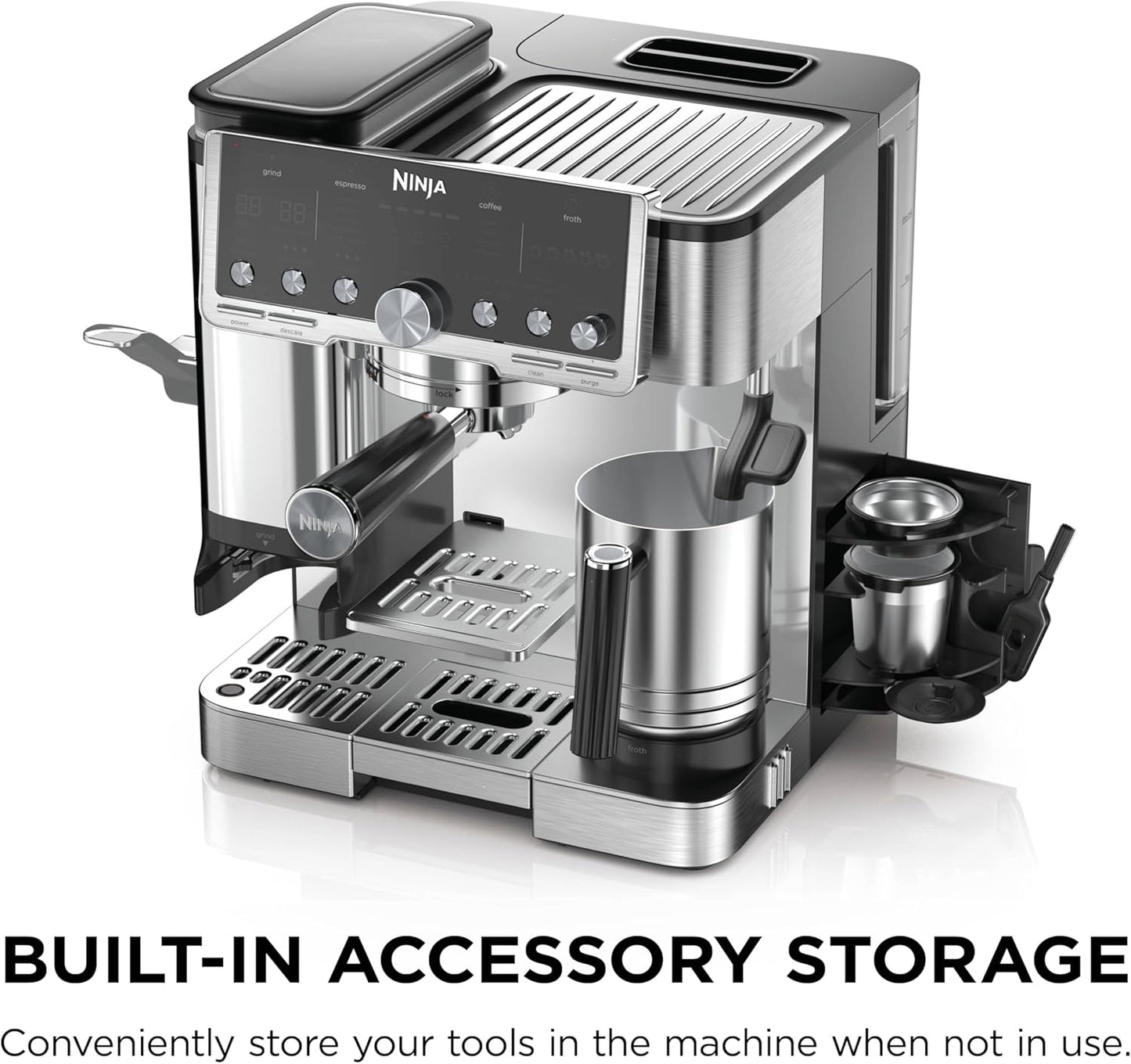 Ninja Luxe Café Pro Series, Espresso Machine, Drip Coffee, Cold Brew, Hot Water, Integrated Tamper, Built-in Grinder, Hands-Free Frother for Cappuccinos, Lattes, Americanos, Dairy or Non-Dairy, ES701
